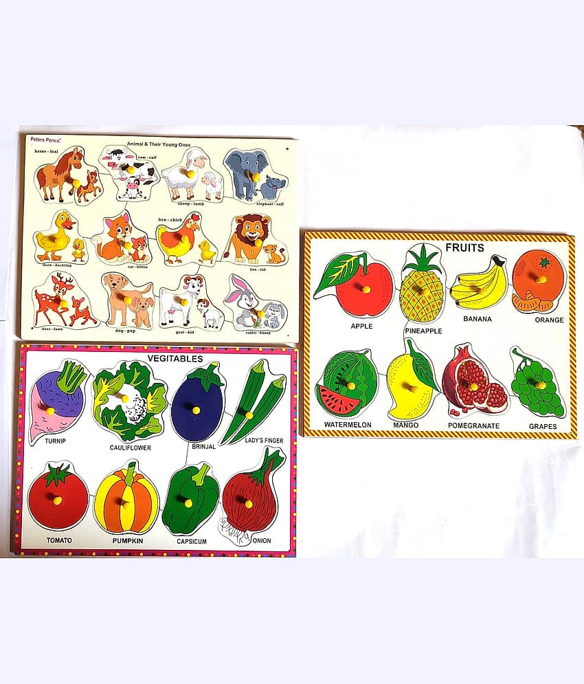 Peters Pence - Wooden Multi Color Set of Fruits Vegetables and Animals with Their Young Ones Puzzle Learning Board Combo for Kids PRE Primary Education
