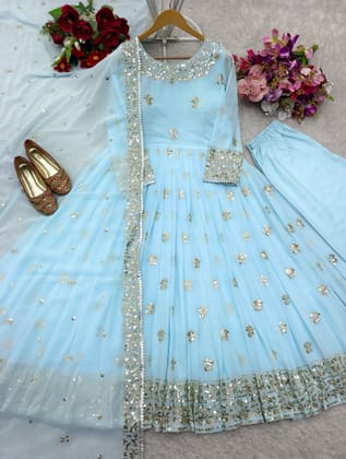 Beautiful Party Wear Gown -Pent And Dupatta With Embroidery Sequence Work Beautiful Party Wear Gown -Pent And Dupatta With Embroidery Sequence Work