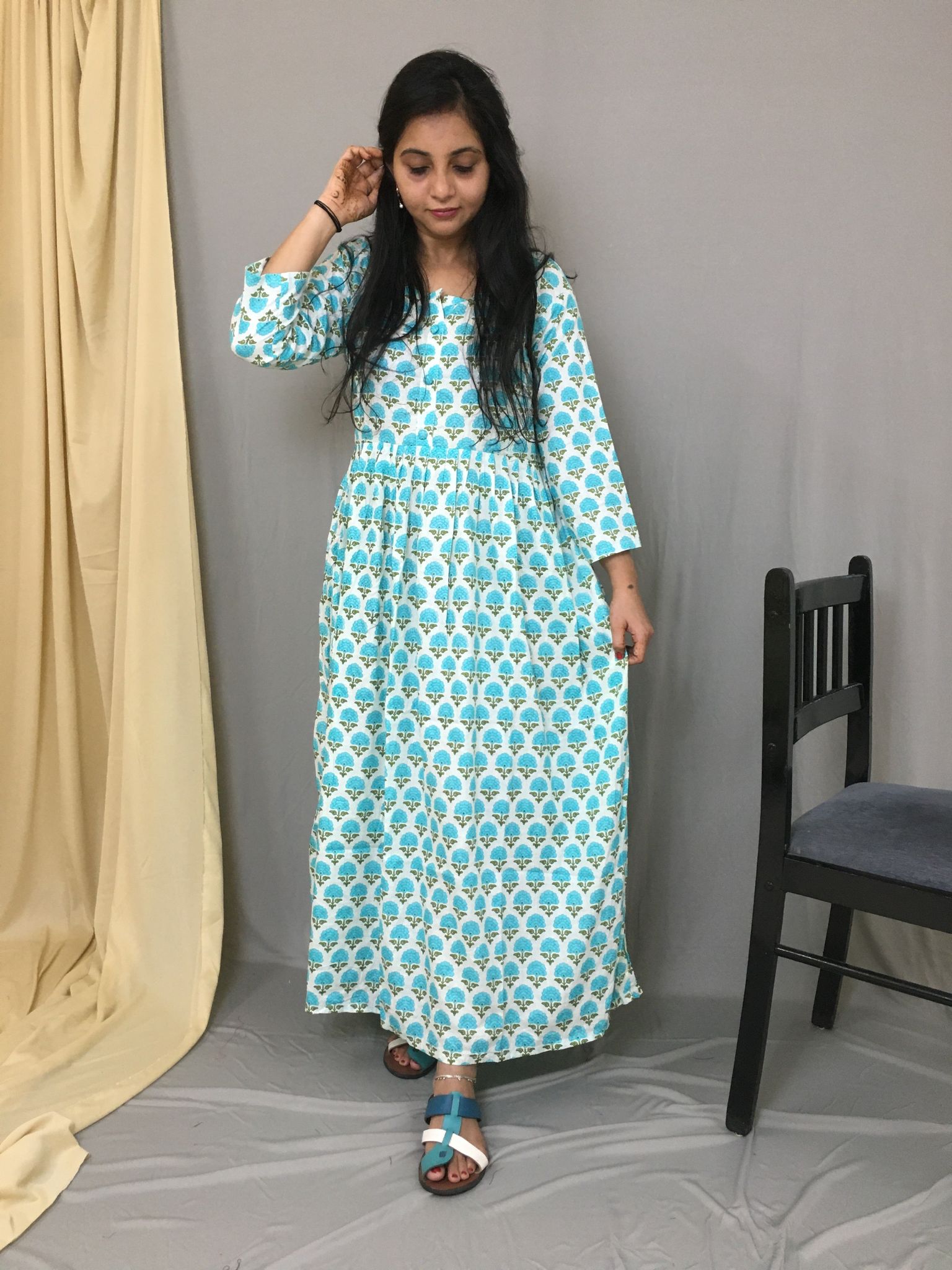 Offwhite Sea Green Flower Print - Maternity Kurti with Feeding Zips - Cambric Flex - Thicker Fabric-36 - 38 ( S - M )
