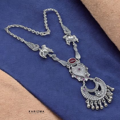 925 Sterling Silver Oxidized cow peacock Ethnic style Indian women Necklace 24"
