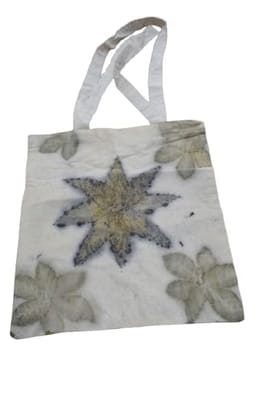 TULIP Traditional Artisians' Upliftment Livelihood Program Canvas Tote Bag with Floral Leaf Print, Reusable Shopping Bag, Beige and Grey