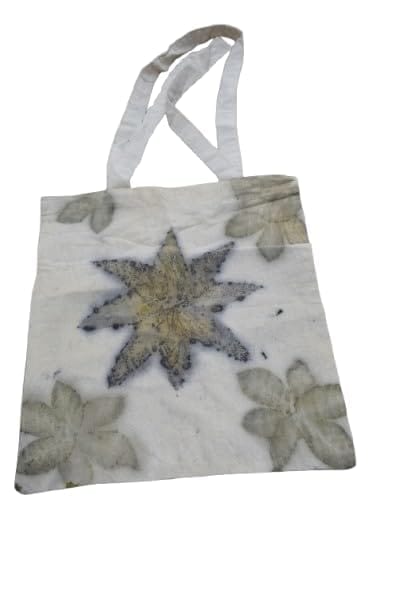 TULIP Traditional Artisians' Upliftment Livelihood Program Canvas Tote Bag with Floral Leaf Print, Reusable Shopping Bag, Beige and Grey
