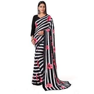 SVB Sarees Womens Black Colour Stripped Pure Georgette Flower Printed Saree With Blouse Piece SVB Sarees Womens Black Colour Stripped Pure Georgette Flower Printed Saree With Blouse Piece