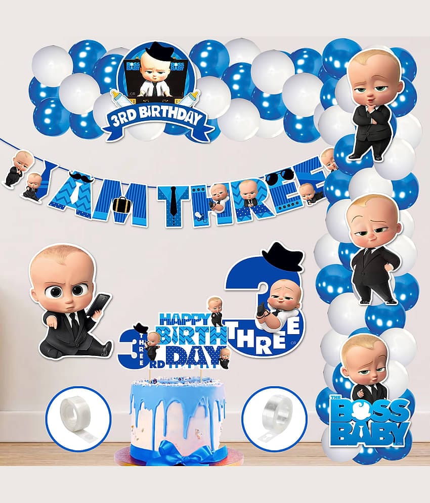 Zyozi  3rd Birthday Boss Baby Theme Balloon arc decoration,Boss Baby Theme Third Birthday for Boys with Happy Birthday Banner Cardstock Cake Toppers Balloons Birthday Decoration Kit (Pack of 60)