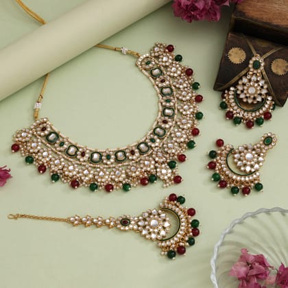 Maroon & Green Color Meena Work Kundan Necklace Set (KN1457MG)-Adjustable Rope / Green / Alloy With Good Quality Gold Plated