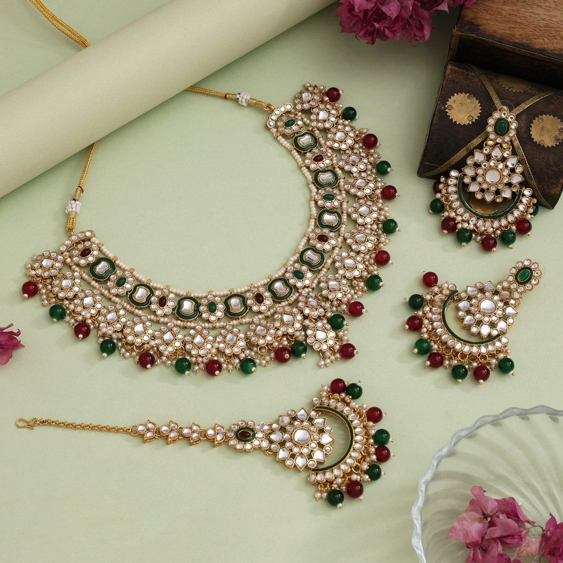 Maroon & Green Color Meena Work Kundan Necklace Set (KN1457MG)-Adjustable Rope / Green / Alloy With Good Quality Gold Plated