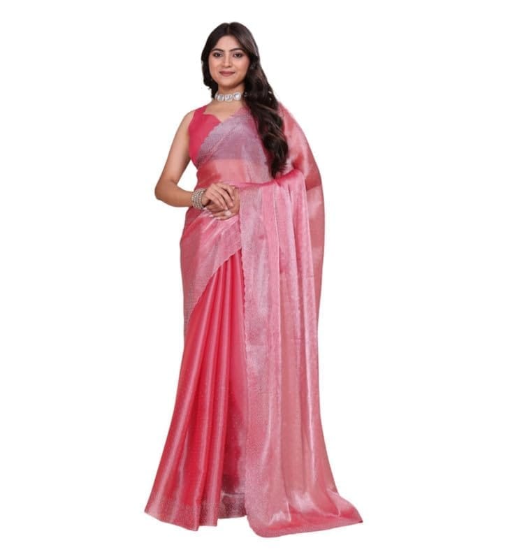 Women's Poly Silk Embellished Bollywood Saree With Unstitched Blouse 5.5Mtr (Pink)-PID62031
