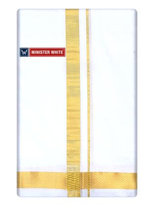 Mens Double Layer White Pure Silk Dhoti with 50K Golden Jari Border - Bheeshma 50K-4Mtr / White