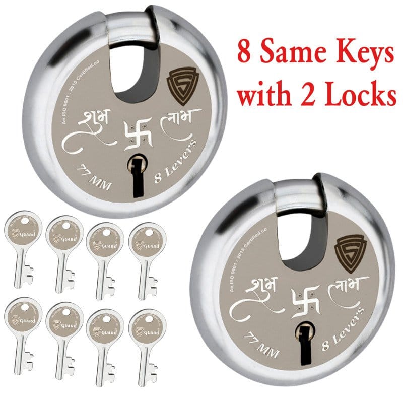S-GUARD Shubh-Labh Iron-Steel 77MM,8 Lever-8 Common Keys Shutter lock for Shop,Godown,Store Gate-Door Lock (Laser Print Design)