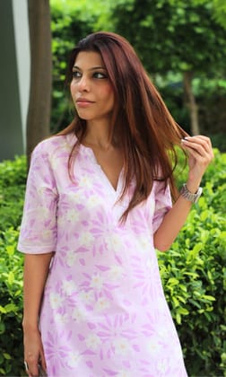 Cotton Lavender Soft Petal Print Collared Coord Set-S