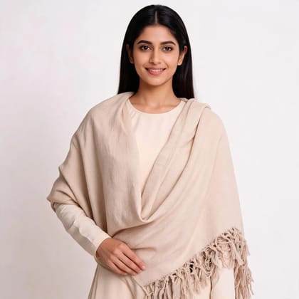 Beige Cotton Fringed Shawl For Women