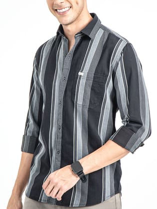 Men's Vertical Striped Pure Cotton Slim Fit Shirt | Rick Rogue-Black / M/38
