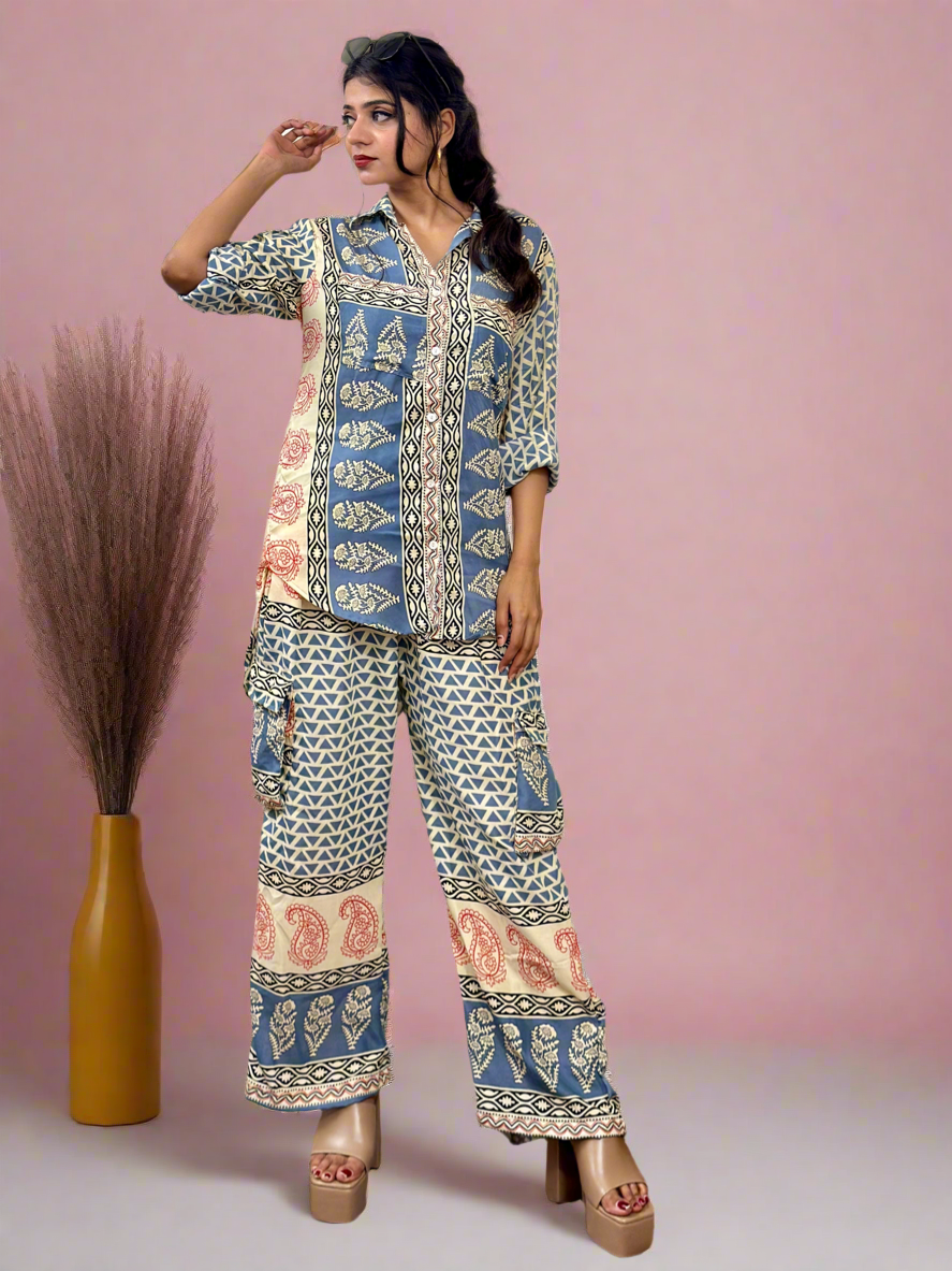Grey Cargo Printed Coord Set-S