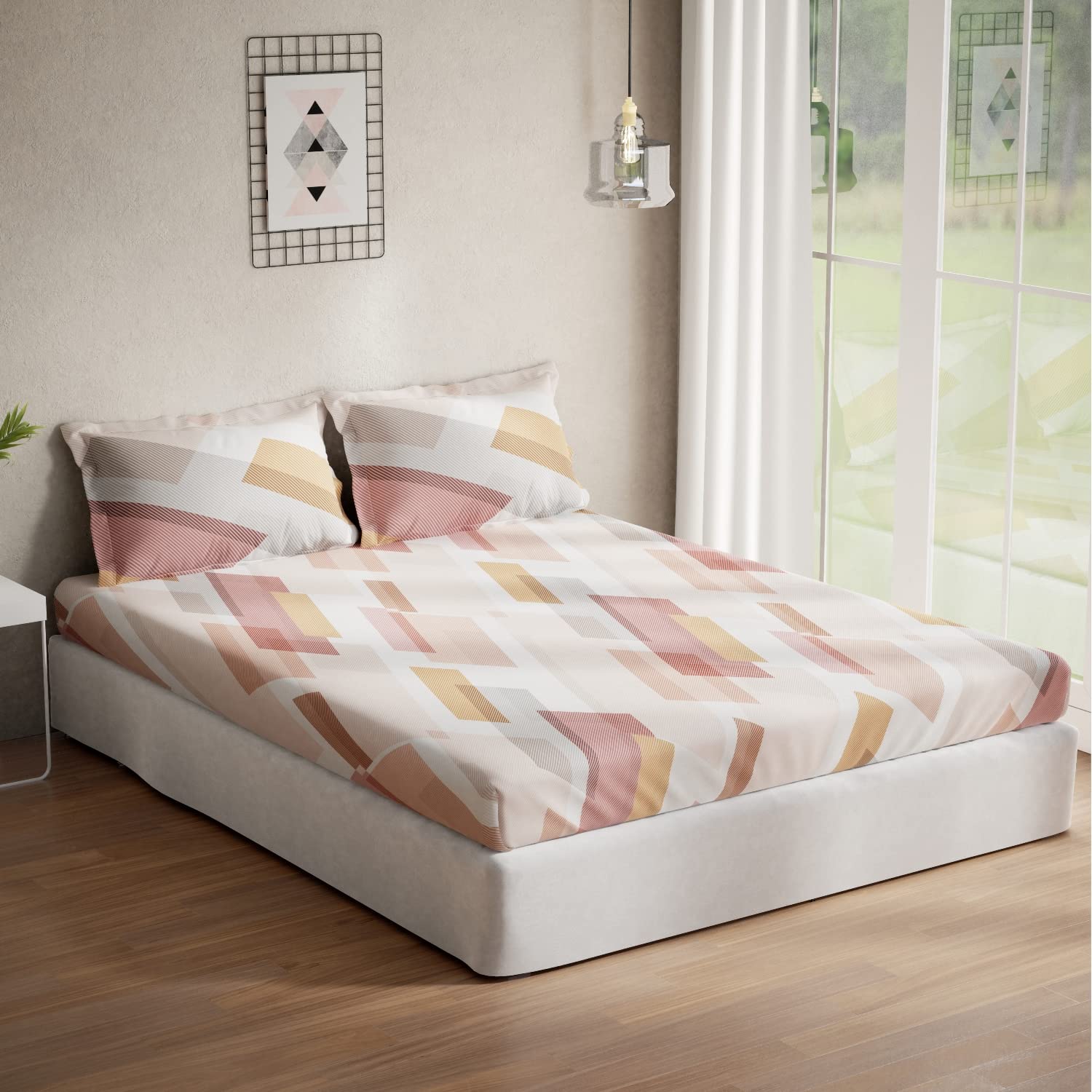DDECOR - Optima Collection 100% Cotton Geometric Pattern 136TC Queen Bedsheet |224 CM X 254 CM| with 2 Pillow Covers - Red