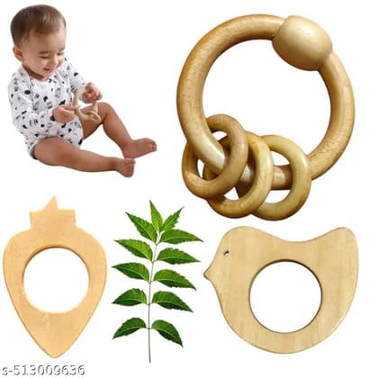 Natural Neem Wood Ring Rattle with Bird & Strawberry Teether | Baby Safe & Eco-Friendly Natural Neem Wood Ring Rattle with Bird & Strawberry Teether | Baby Safe & Eco-Friendly