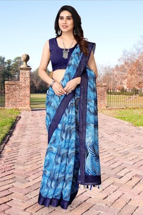 TheHangr Beautiful Blue Colour Feather Print Saree With Dark Blue Border And Running Pallu TheHangr Beautiful Blue Colour Feather Print Saree With Dark Blue Border And Running Pallu