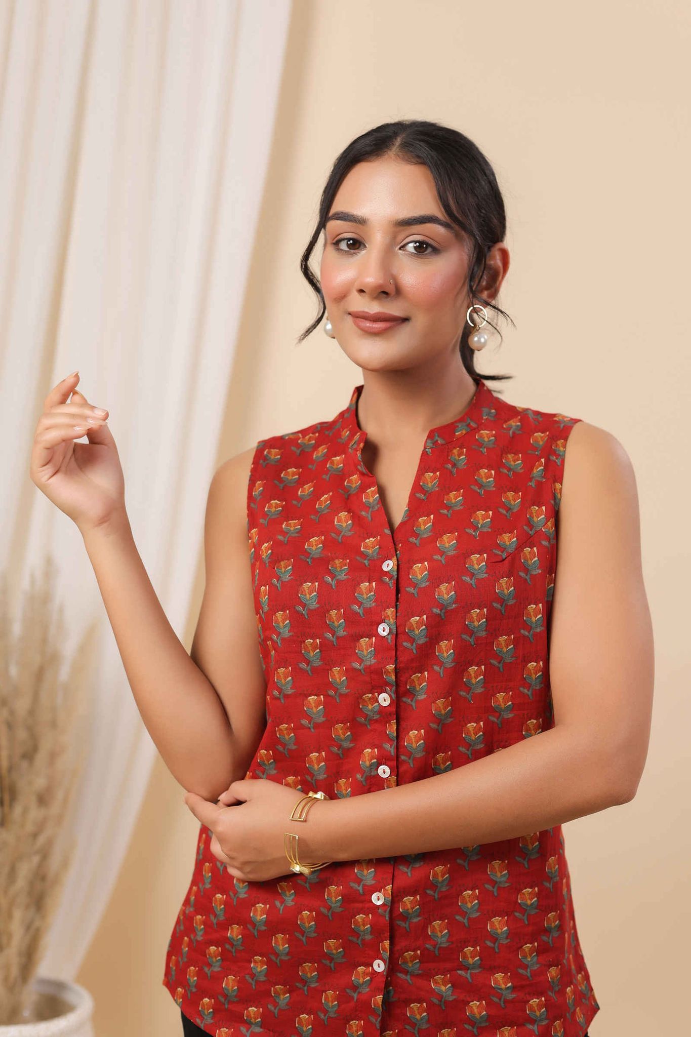 Mehr Nazneen Scarlet Red Printed Sleeveless Top-XS / Red / Red