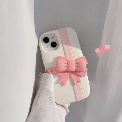 Cute Pink Bow 3D Silicone Rubber White iPhone Case-iPhone 14 Pro