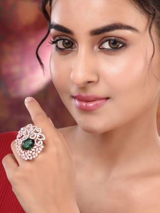 Rose Gold Plated Green AD Encrusted Quirky Floral Finger Ring