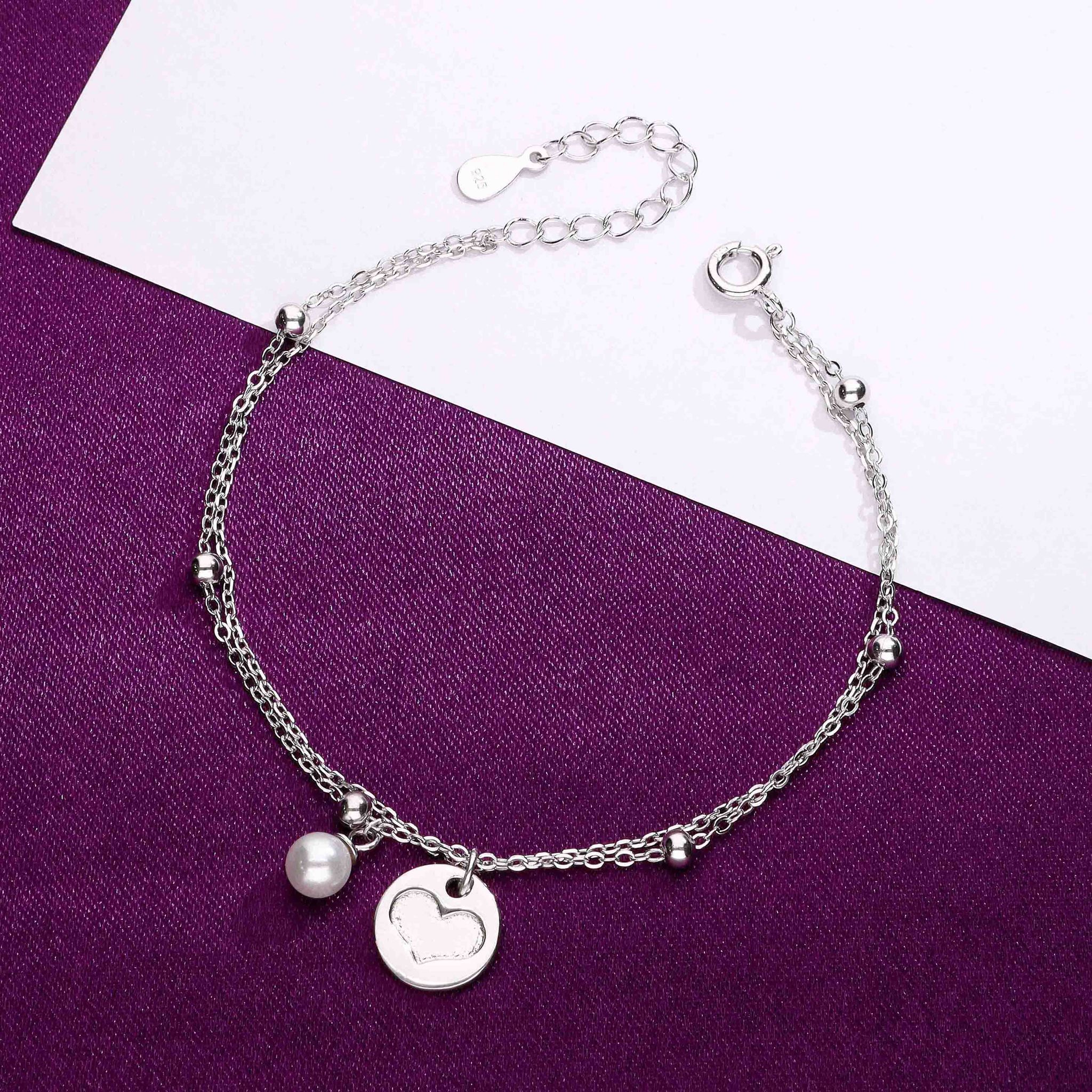 Sterling Silver Hearts & Pearl Charm Bracelet-Pearl / Silver
