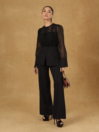 Black Elegant Round Neck Long Sleeve Peplum Top-XS
