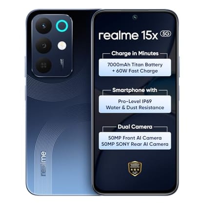 realme 15X 5G Smartphone 8+256GB Marine Blue, 6.8-inch Screen, 144Hz Display,7000mAh Battery, 60W Fast Charging, 50+50MP AI Camera,Dimensity 6300 6nm Octa-core chipset Processor, IP69 realme 15X 5G Smartphone 8+256GB Marine Blue, 6.8-inch Screen, 144Hz D realme 15X 5G Smartphone 8+256GB Marine Blue, 6.8-inch Screen, 144Hz Display,7000mAh Battery, 60W Fast Charging, 50+50MP AI Camera,Dimensity 6300 6nm Octa-core chipset Processor, IP69 realme 15X 5G Smartphone 8+256GB Marine Blue, 6.8-inch Screen, 144Hz D