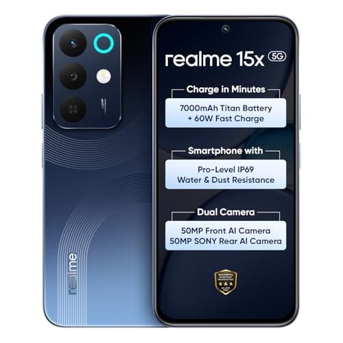 realme 15X 5G Smartphone 8+256GB Marine Blue, 6.8-inch Screen, 144Hz Display,7000mAh Battery, 60W Fast Charging, 50+50MP AI Camera,Dimensity 6300 6nm Octa-core chipset Processor, IP69 realme 15X 5G Smartphone 8+256GB Marine Blue, 6.8-inch Screen, 144Hz D