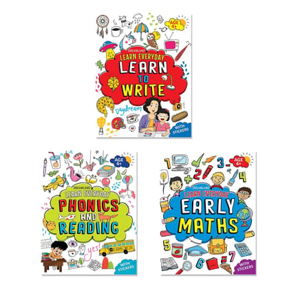 Learn Everyday Books Pack Age 4+ - A Set of 3 Books - Phonics and Reading, Early Maths, Learn to Write Dreamland Publications