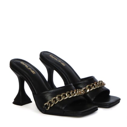 Women's Sandal With Golden Chain Embellishment Open Square Toe in Black Leather-36/3