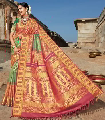 Green Handloom Natural Dyed Kodali Karuppur Inspired Kanchipuram Revival Silk Saree-Green