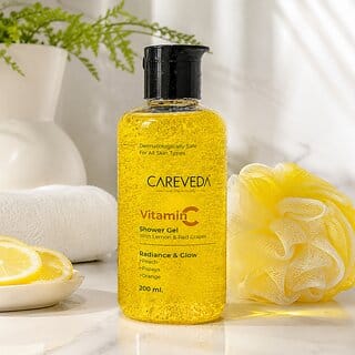 CareVeda Vitamin C Shower Gel With Luffa Enriched with Lemon Red Grapes for Radiant Glowing Skin, Deep Cleansing Hydrating Formula , 200ml, Unisex