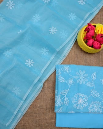 Kashidakari Kota Doria Embroidered Electric Blue Suit