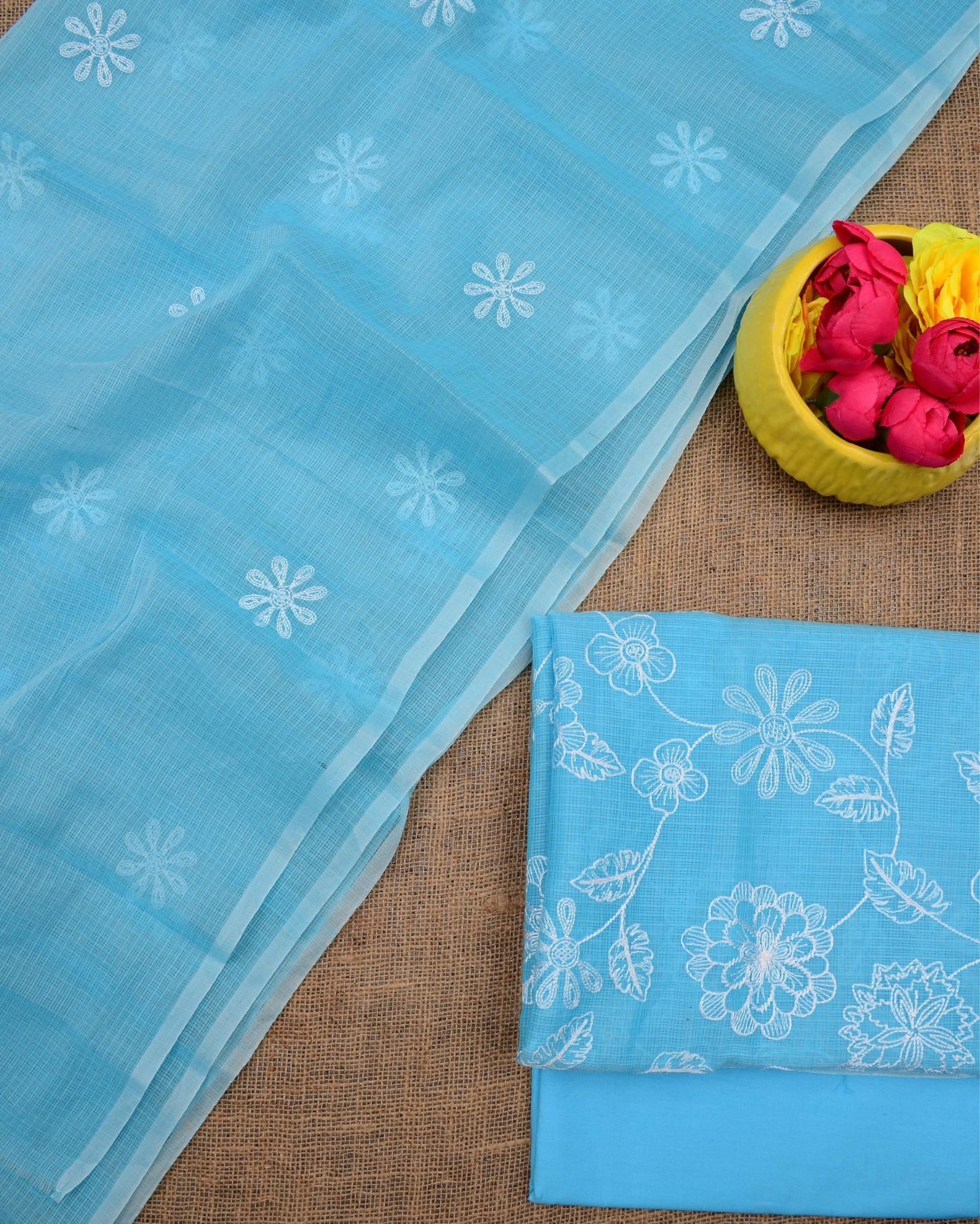 Kashidakari Kota Doria Embroidered Electric Blue Suit