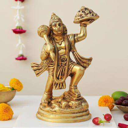 Brass Hanuman Ji Spiritual Showpiece Statue For Pooja Room, Height : 8.5 Inch (BSMAS1026 G)