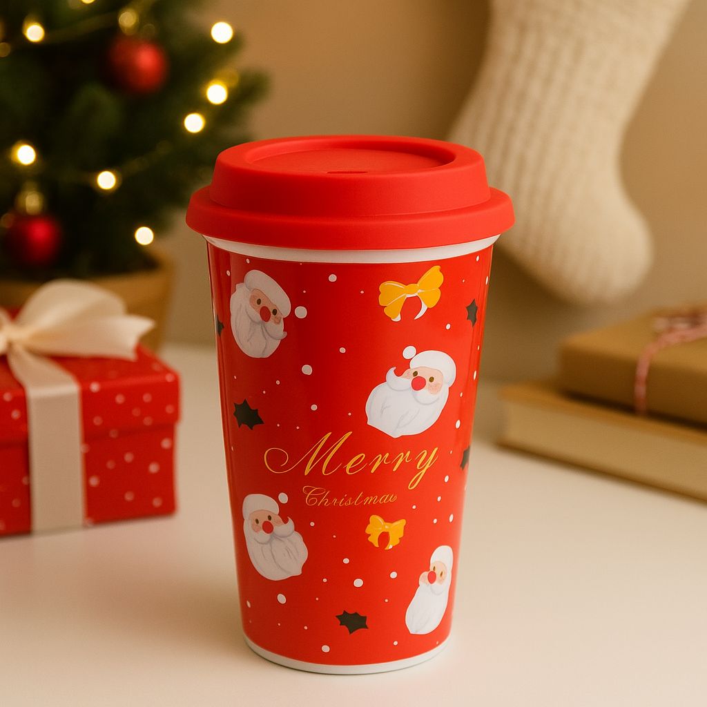 Christmas Ceramic Mug with Red Silicone Lid – 400 ml Coffee & Tea Cup