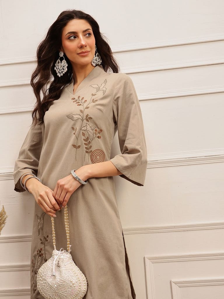 Taupe Embroidered Kurta Set - Kurtas & Kurta Sets | Buy online on ZillyBuy
