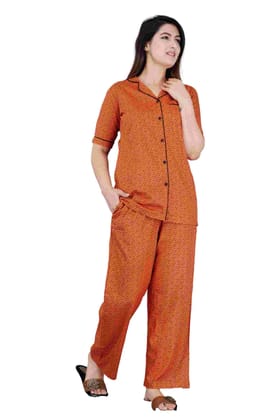 Women's Casual Half Sleeve Printed Viscose Rayon Shirt with Pyjama Pant Night Suit Set Size L (Brown)