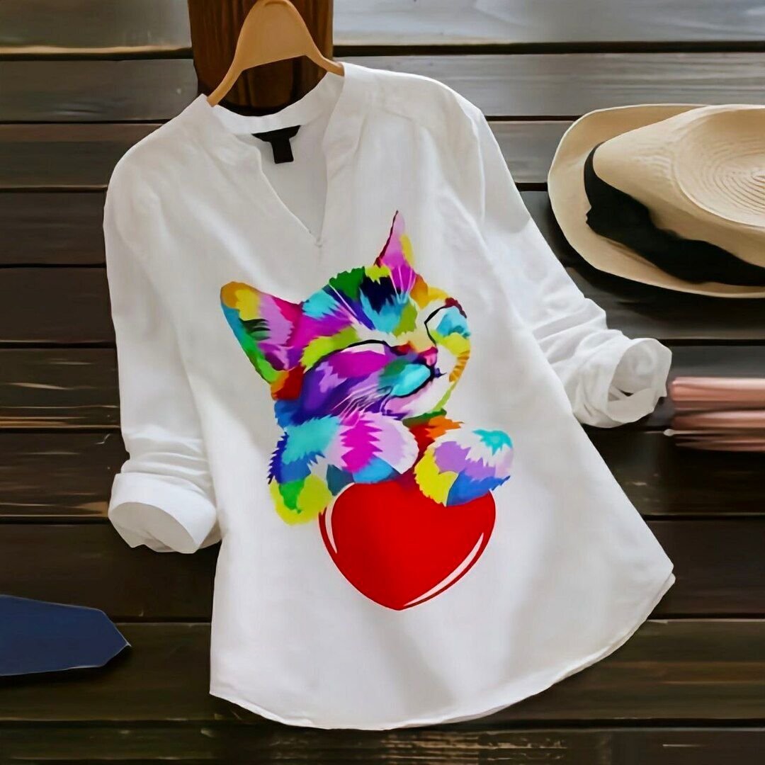 Multiple Design Printed White Fancy Top by GlamaStitch-S / Cat with Heart