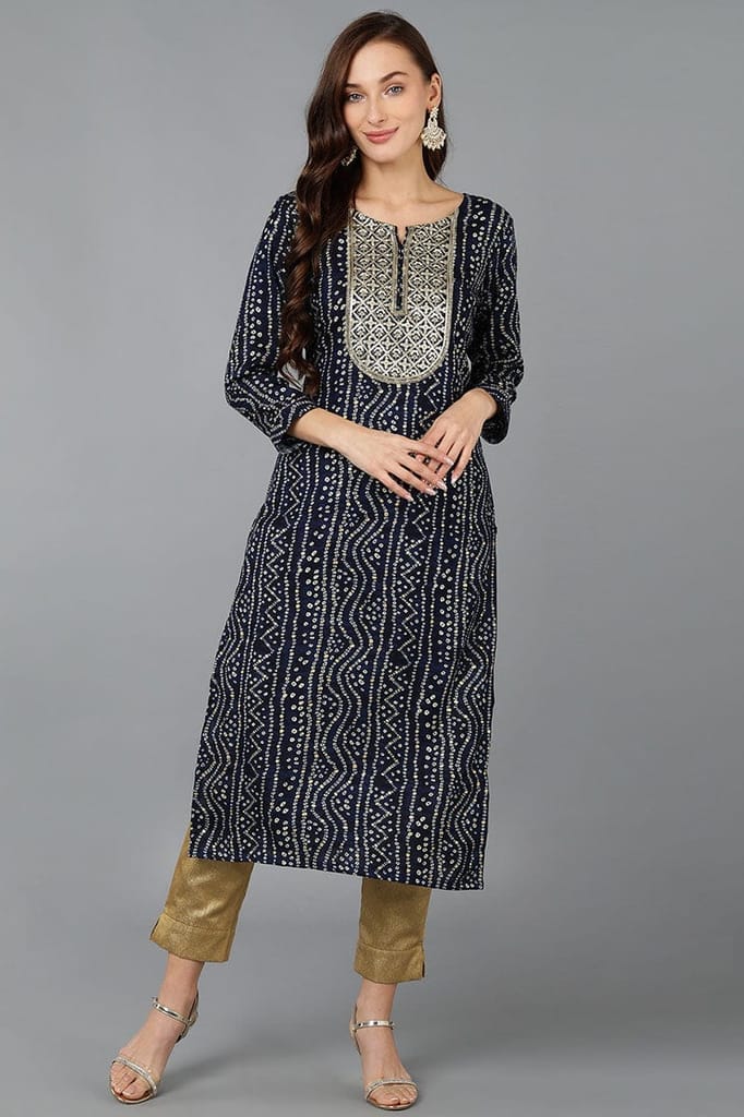 Navy Blue Viscose Rayon Bandhani Embroidered Straight Kurta VCK9077 - Kurtas & Kurta Sets | Buy online on ZillyBuy