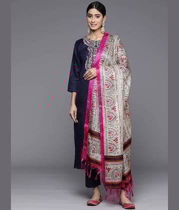 Varanga Cotton Blend Embroidered Kurti With Pants Women's Stitched Salwar Suit - Navy Blue ( Pack of 1 )