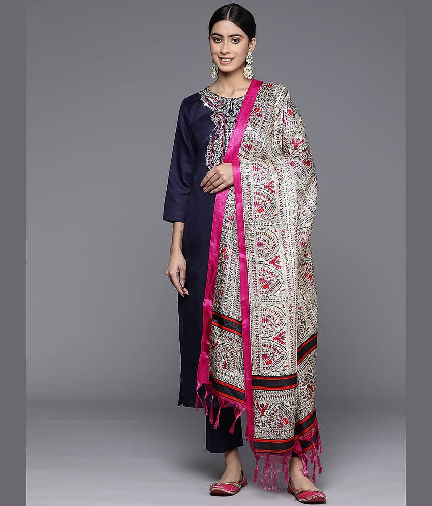 Varanga Cotton Blend Embroidered Kurti With Pants Women's Stitched Salwar Suit - Navy Blue ( Pack of 1 )