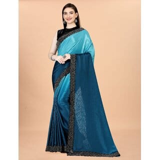 Blue And Sky Bue  Colour Chinon Silk Saree With Lace