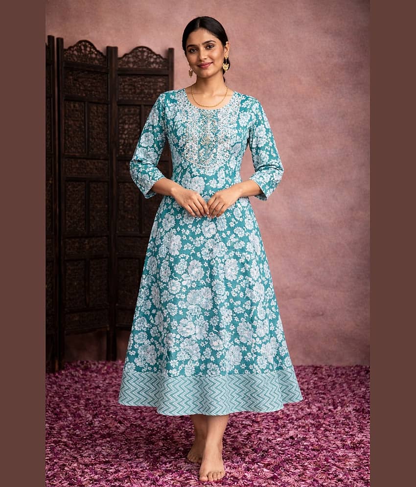 Aarika Women Cotton Blend Embroidered Fit & Flare Dress ( Sea Green )
