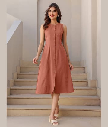 Janasya Cotton Solid Calf-Length Women's Fit & Flare Dress - Rust ( Pack of 1 )