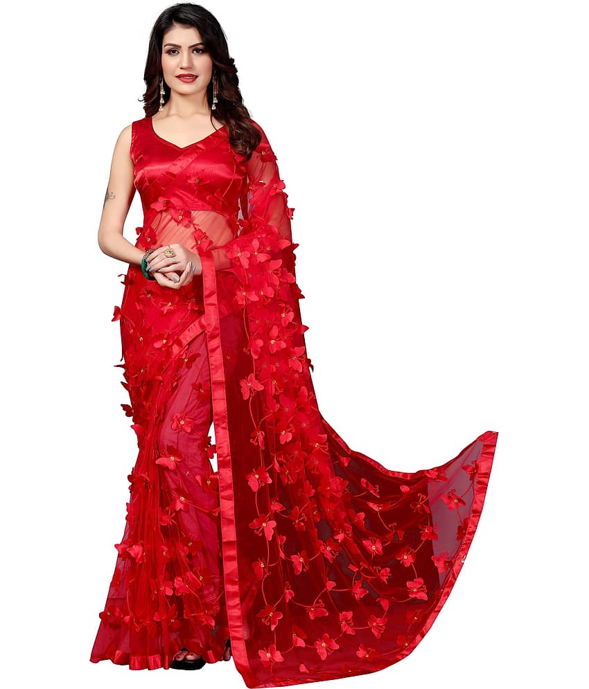 Apnisha Net Embroidered Saree With Unstitched Blouse Piece ( Red )