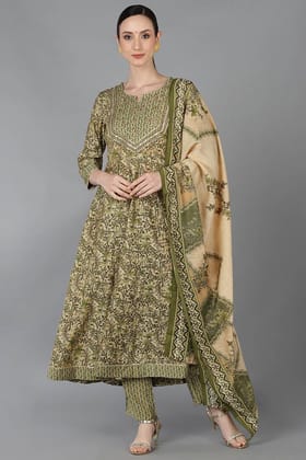 Beige Silk Blend Ethnic Motifs Anarkali Kurta Trousers With Dupatta VKSKD1664