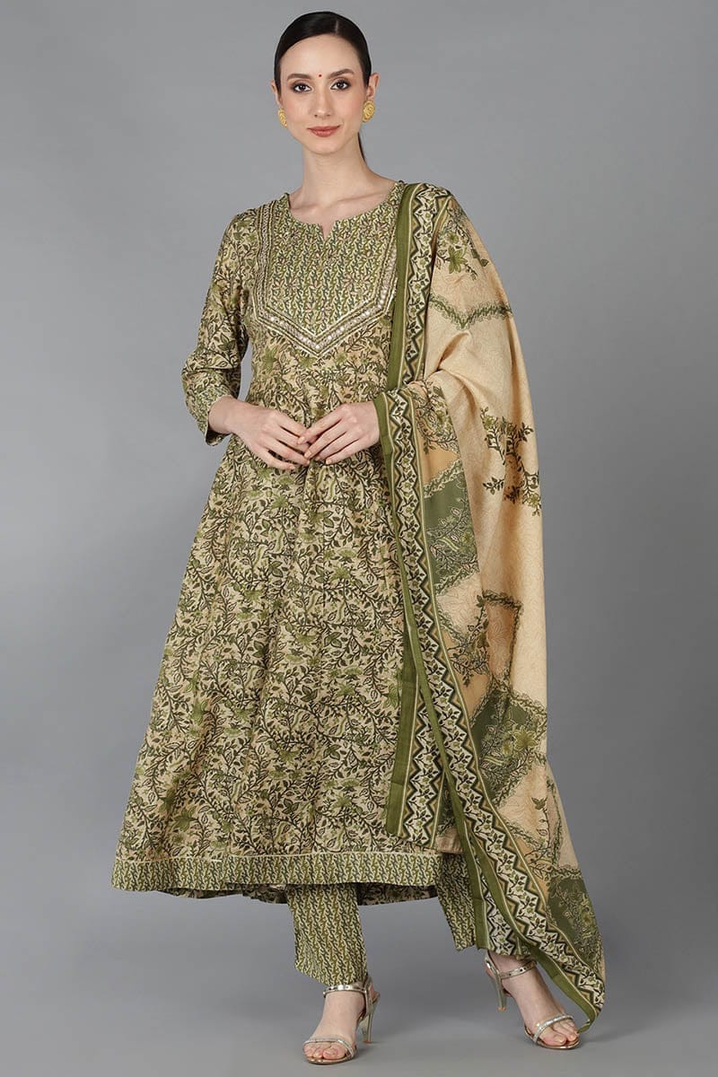 Beige Silk Blend Ethnic Motifs Anarkali Kurta Trousers With Dupatta VKSKD1664