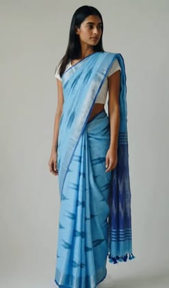 Sambalpuri Ikat Sky Blue Cotton Saree Chevron Indigo Pallu