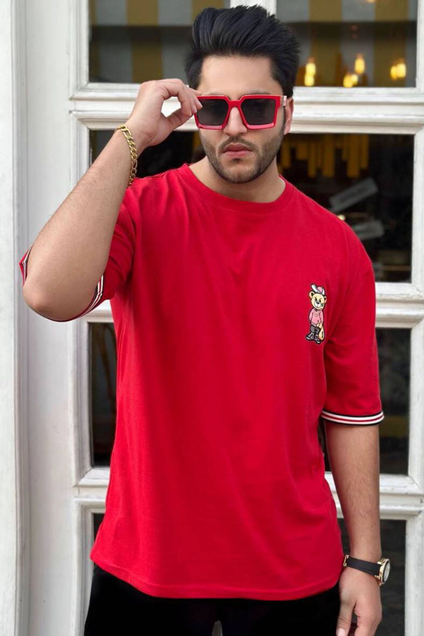 Red Half Sleeve Oversized Bear  T-Shirt - XL