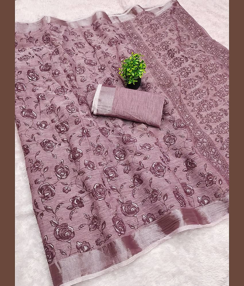 HEMA SILK MILLS Linen Printed Regular Saree With Unstitched Blouse Piece ( Wine )